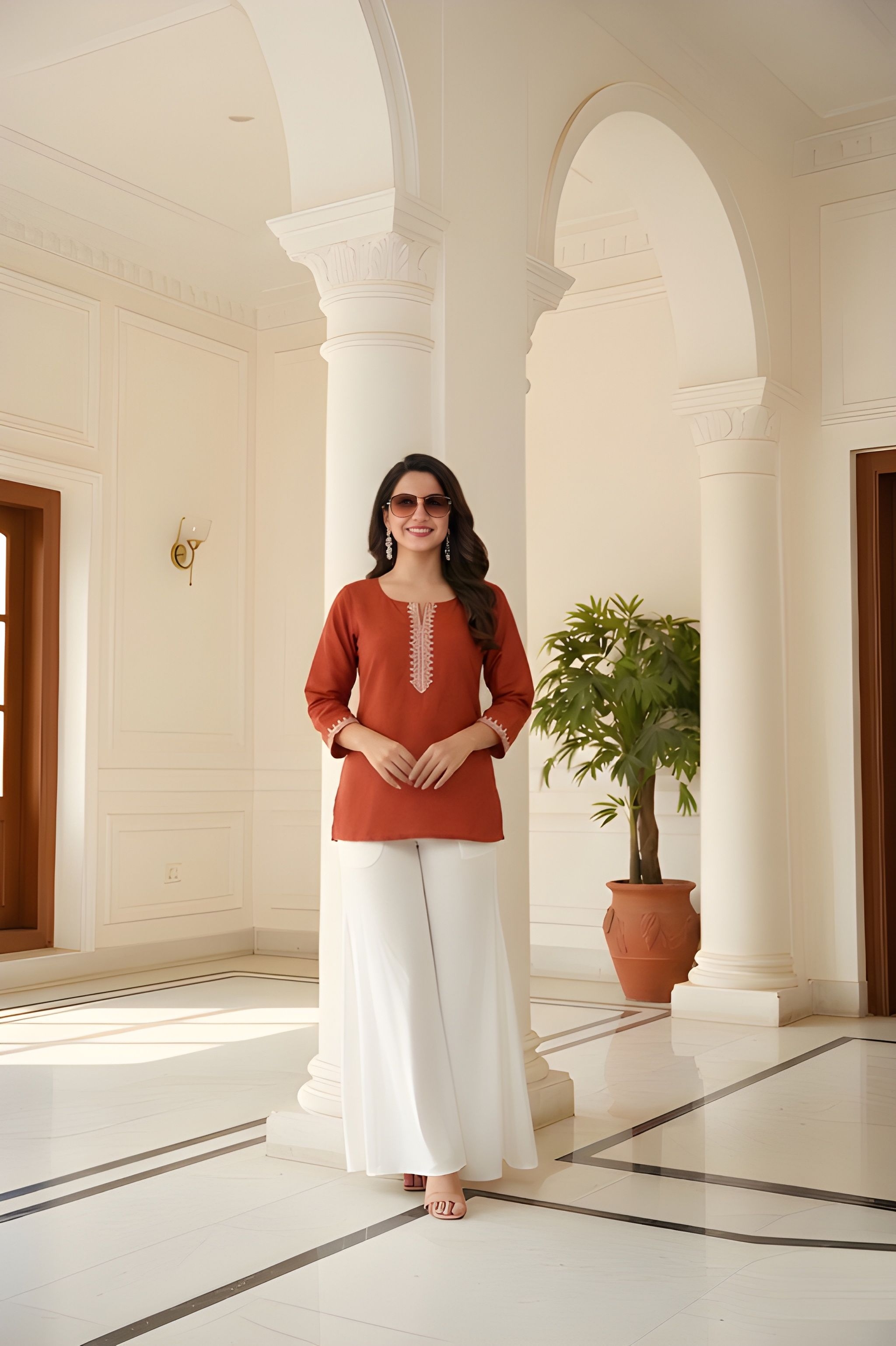 Rust Embroidered Roman Silk Tunic Top