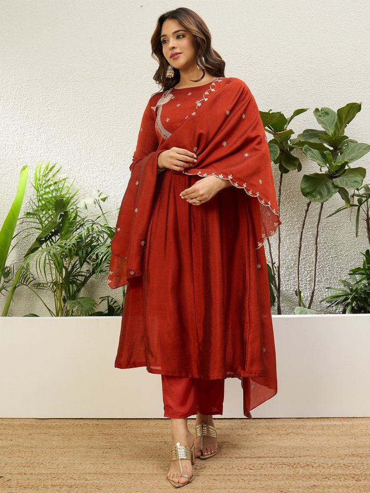 Rust Embroidered Vichitra Anarkali Suit