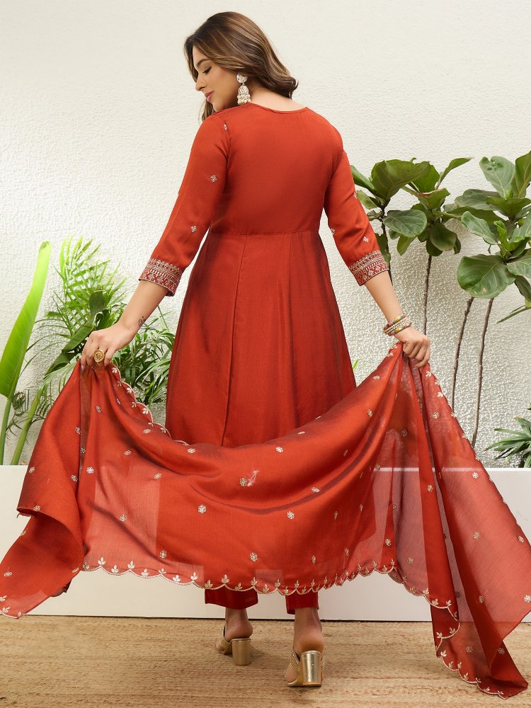 Rust Embroidered Vichitra Anarkali Suit — alternate view