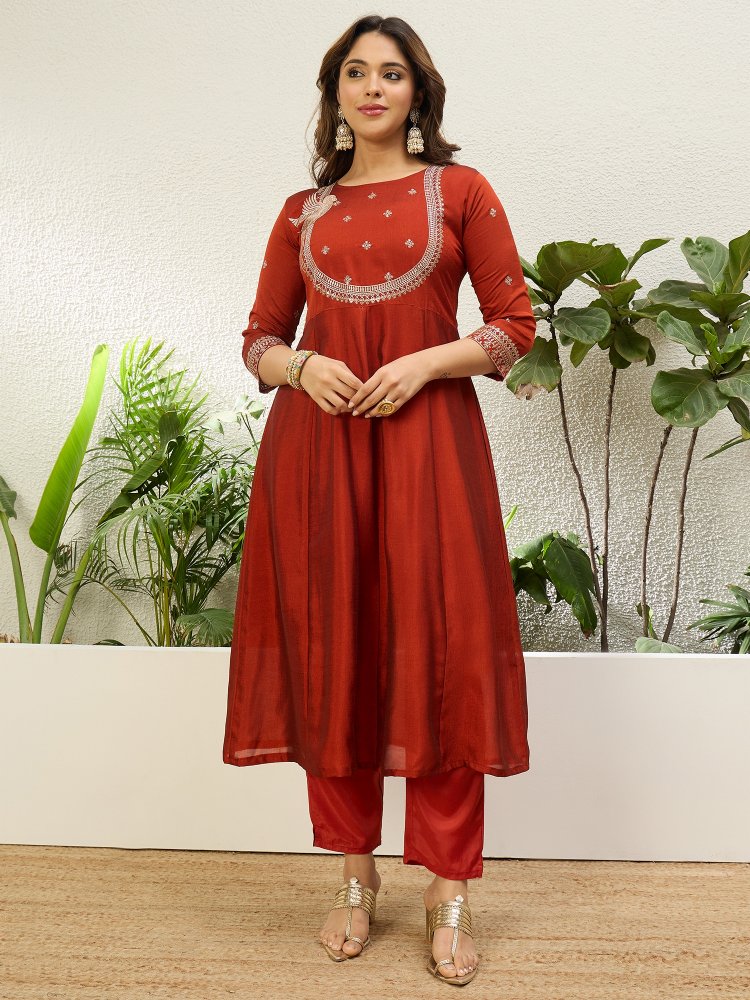 Rust Embroidered Vichitra Anarkali Suit
