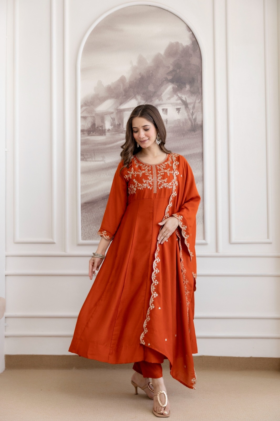Rust Embroidered Vichitra Anarkali Suit