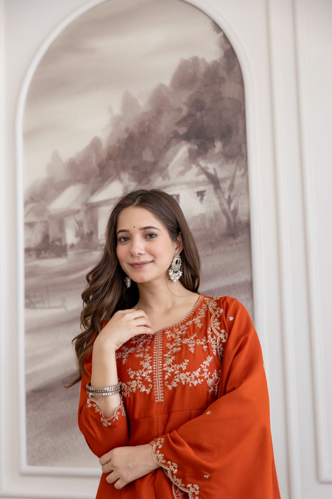 Rust Embroidered Vichitra Anarkali Suit
