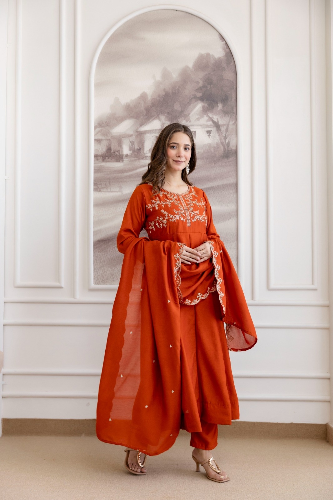 Rust Embroidered Vichitra Anarkali Suit