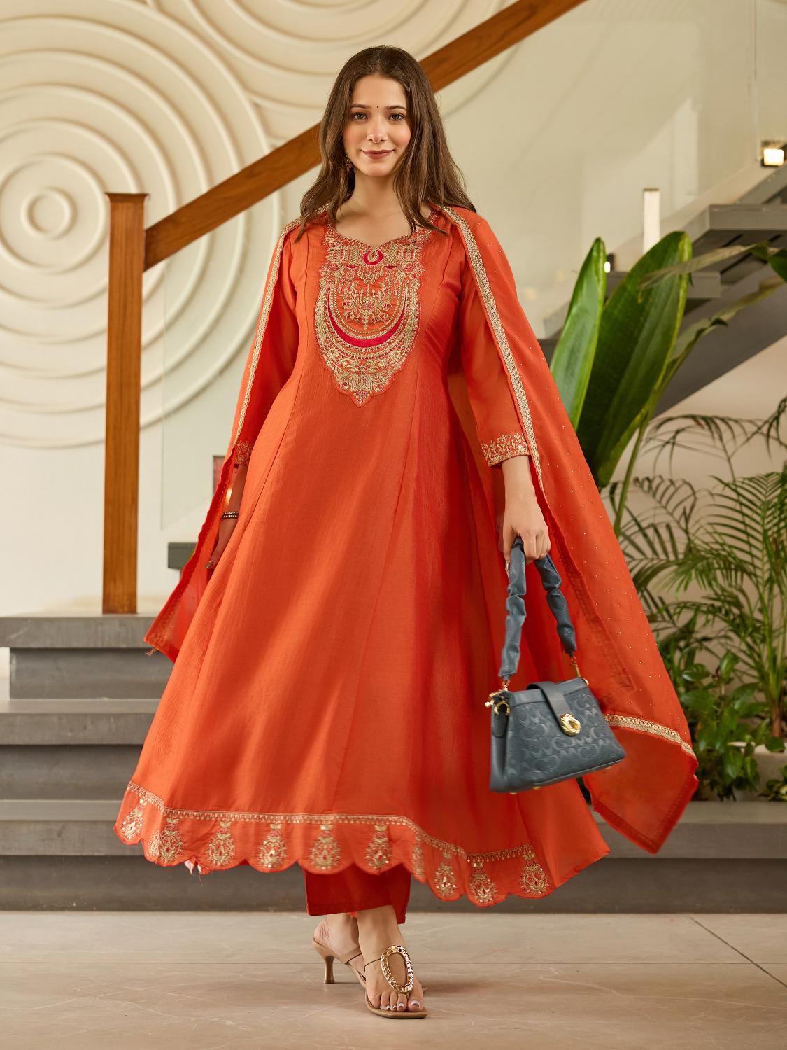 Rust Embroidered Vichitra Silk Anarkali Suit