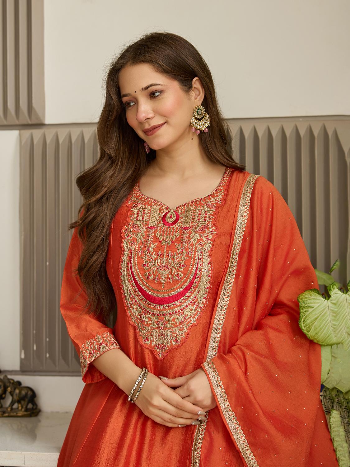 Rust Embroidered Vichitra Silk Anarkali Suit