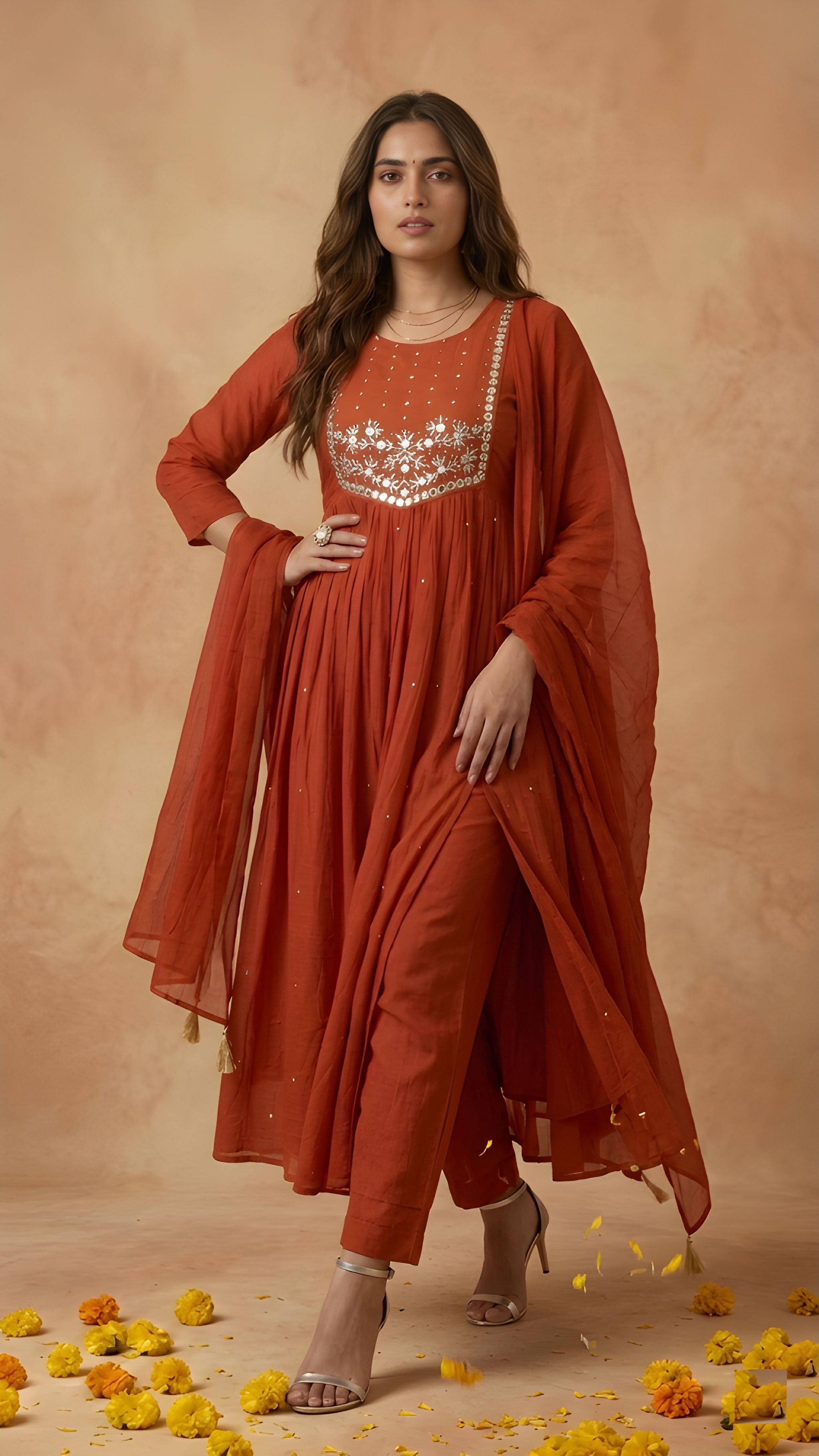 Rust Embroidery Work Cambric Cotton Salwar Suit