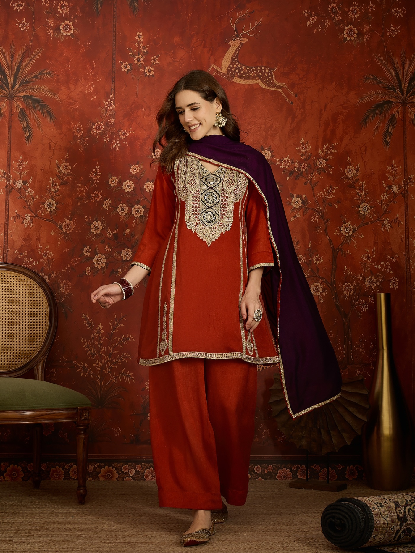 Rust Embroidery Work Vichitra Palazzo Suit