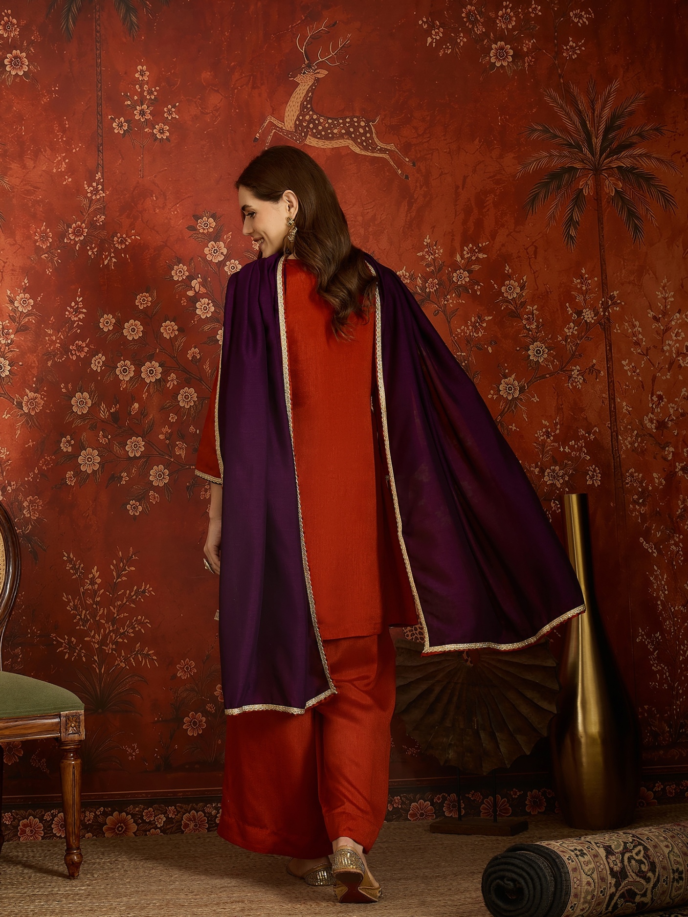 Rust Embroidery Work Vichitra Palazzo Suit — alternate view