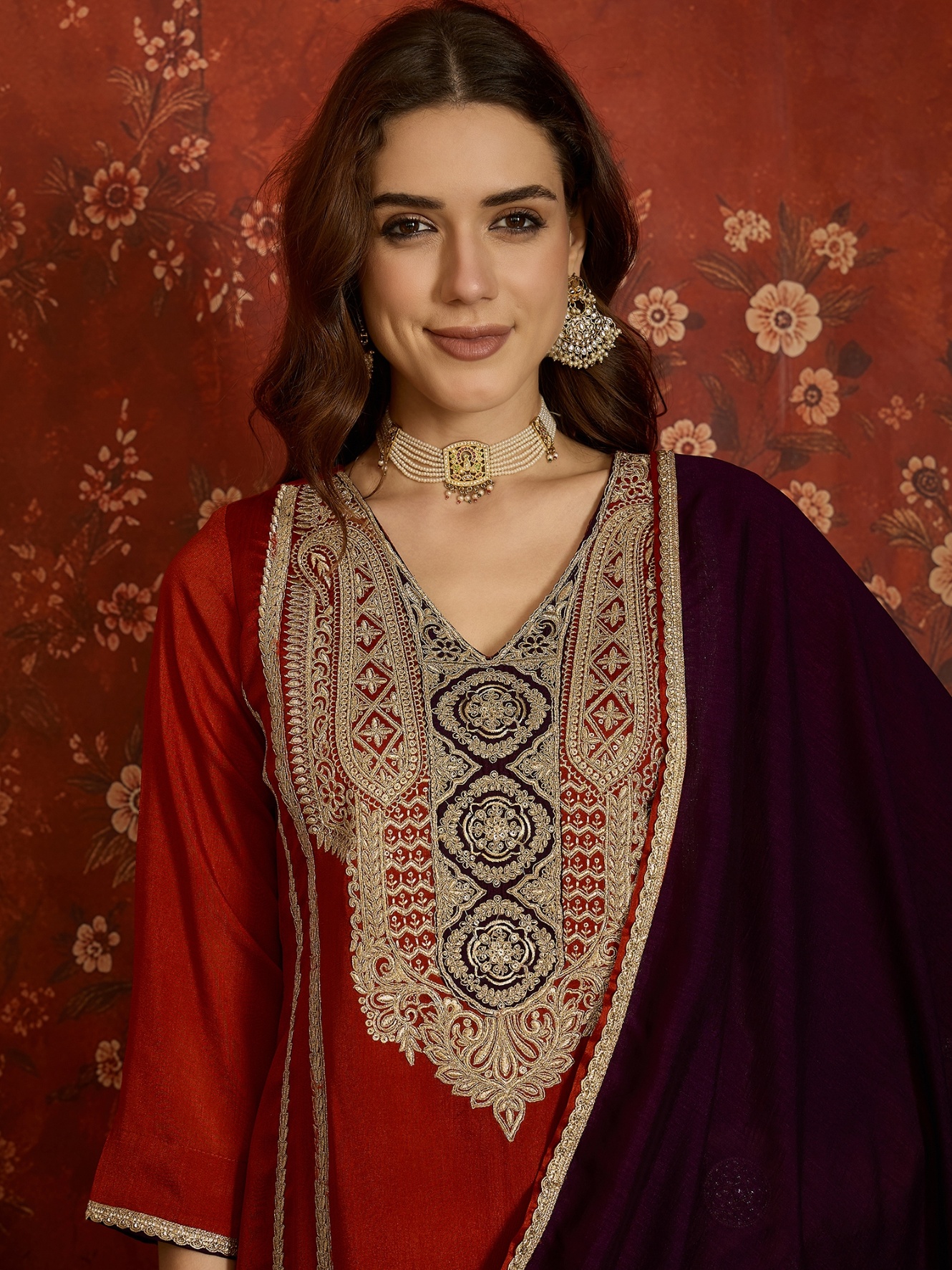 Rust Embroidery Work Vichitra Palazzo Suit
