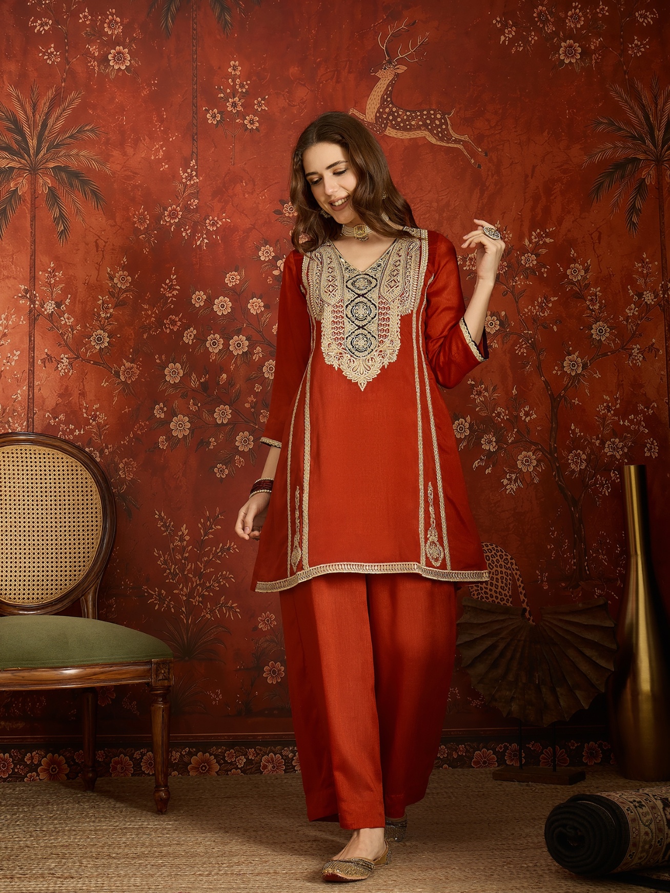 Rust Embroidery Work Vichitra Palazzo Suit