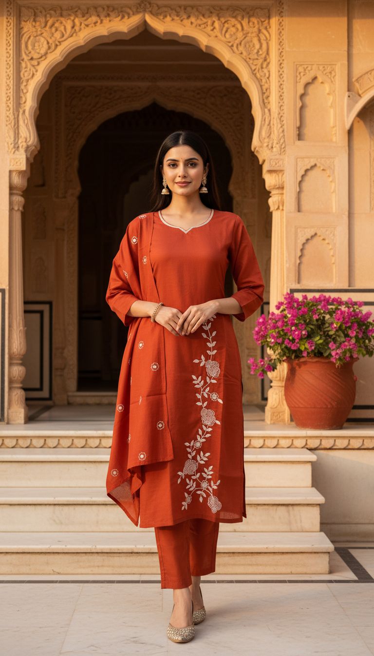 Rust Floral Chanderi Kurta Set