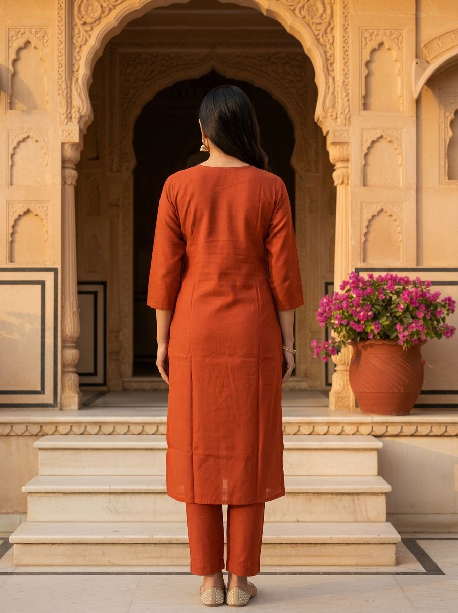 Rust Floral Chanderi Kurta Set — alternate view