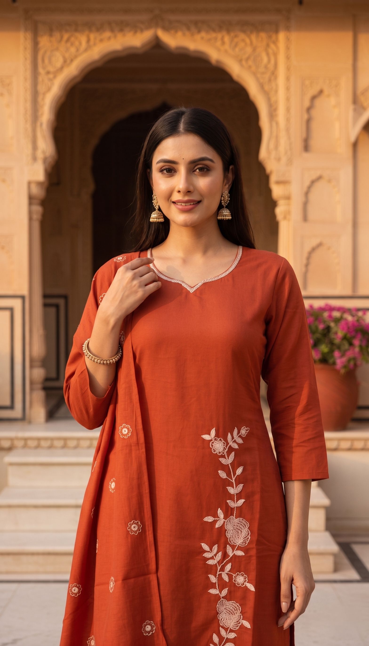 Rust Floral Chanderi Kurta Set