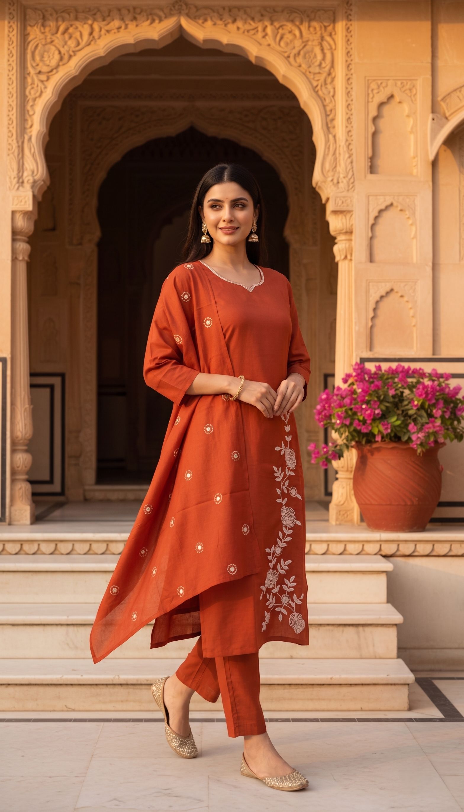 Rust Floral Chanderi Kurta Set