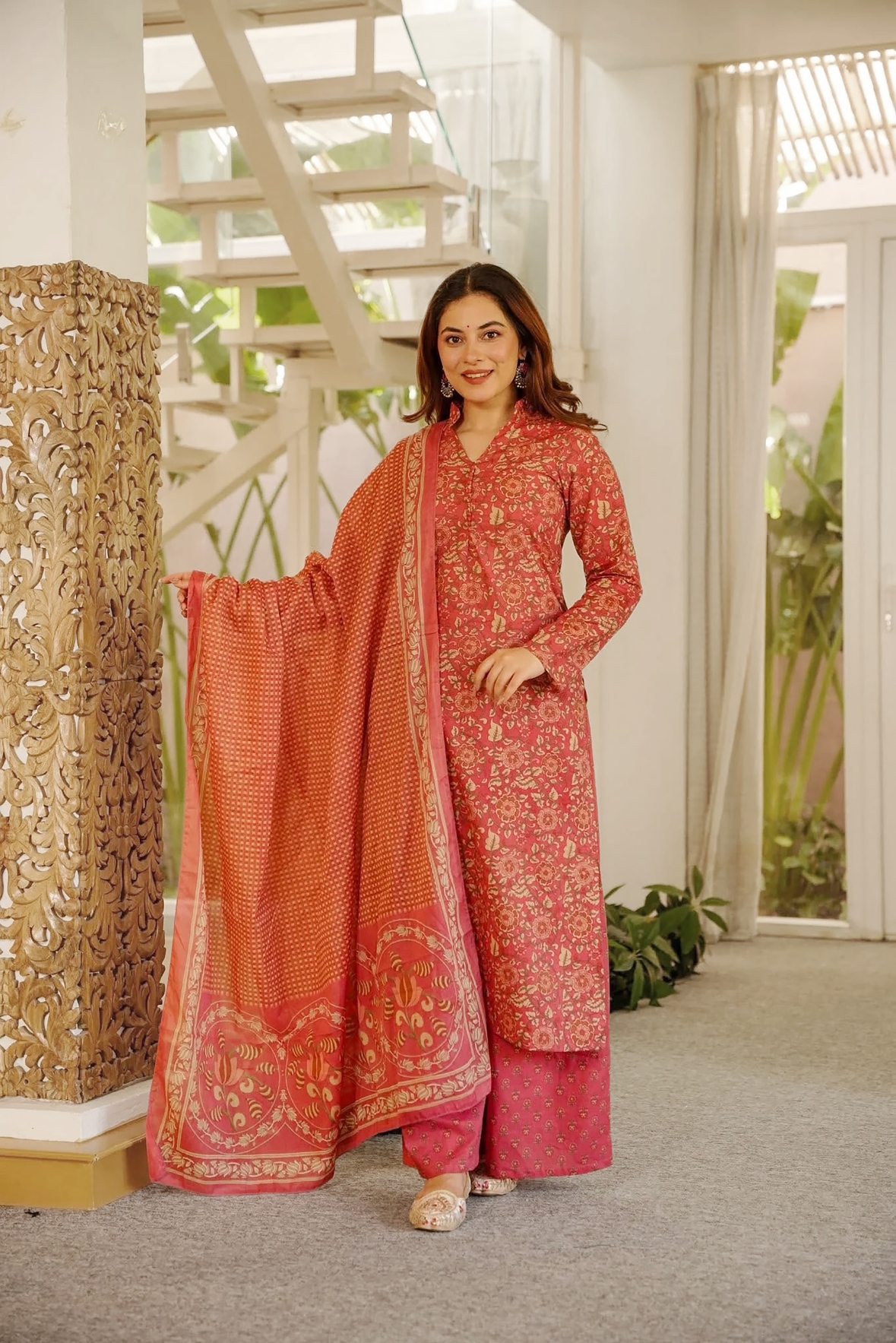 Rust Floral Designer Digital Printed Cambric Cotton Kurta Set