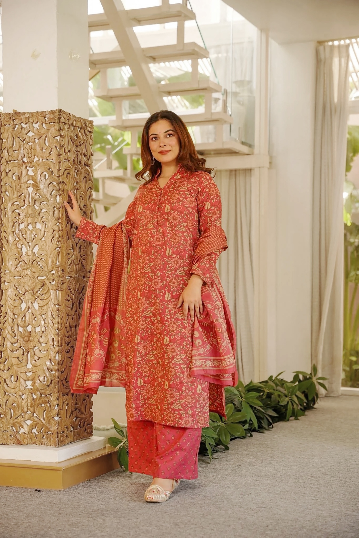 Rust Floral Designer Digital Printed Cambric Cotton Kurta Set