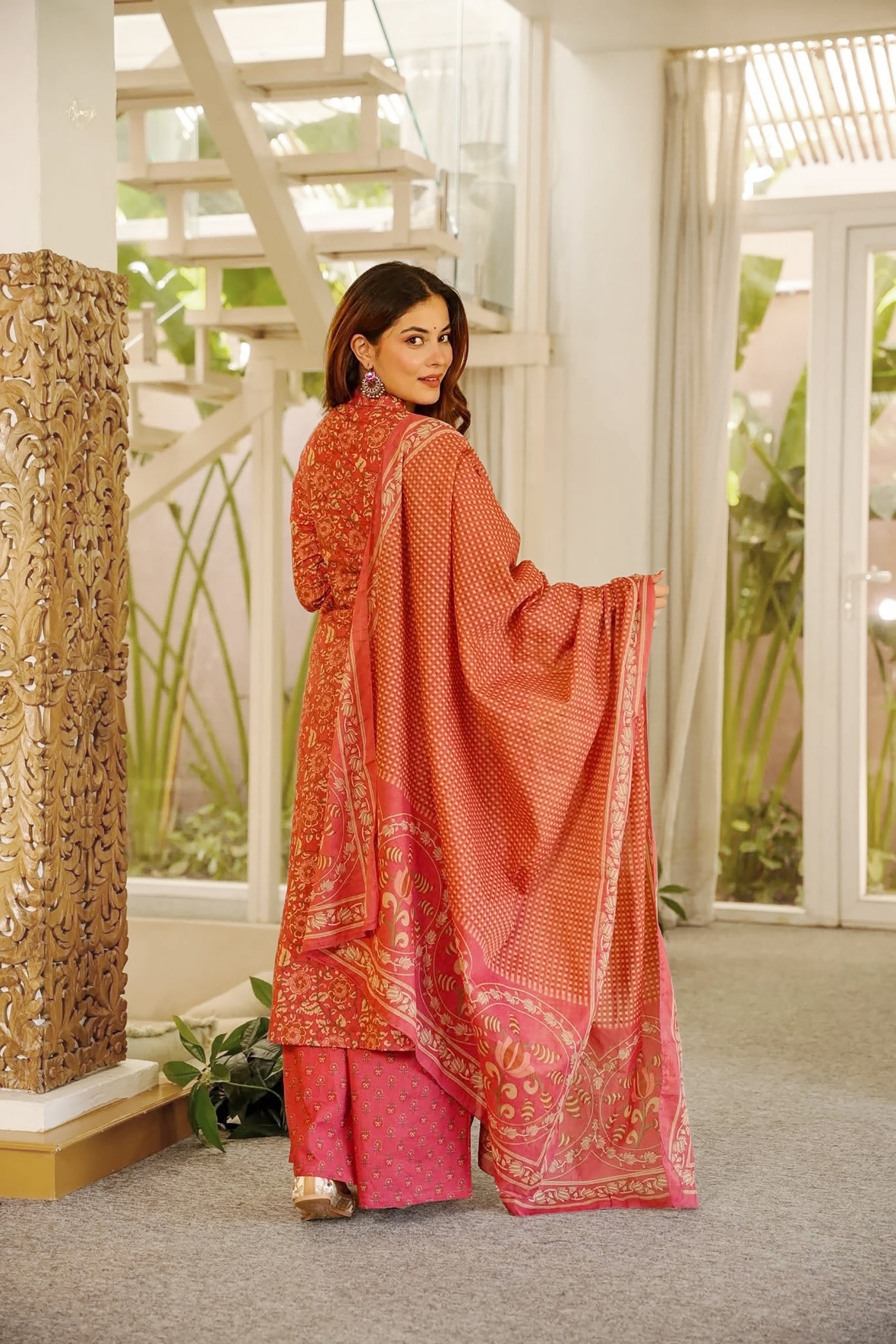 Rust Floral Designer Digital Printed Cambric Cotton Kurta Set