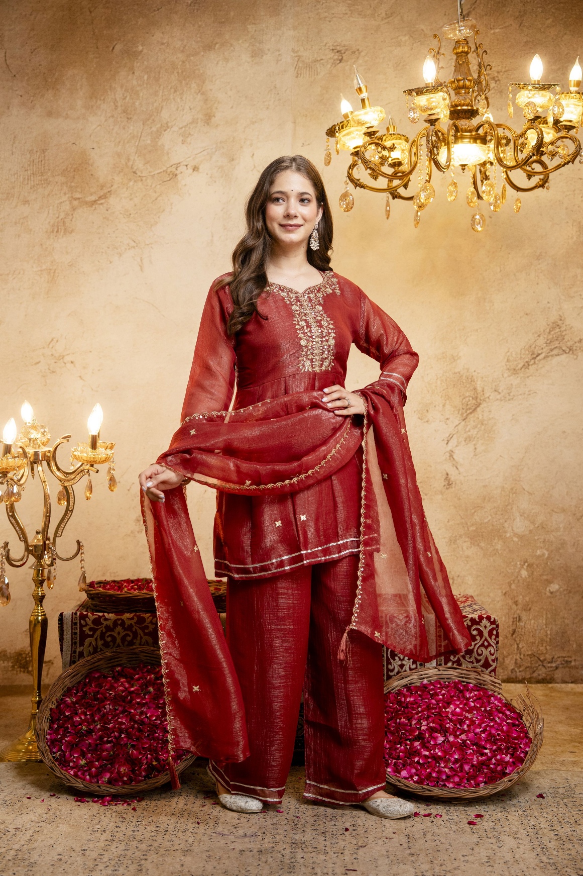 Rust Floral Designer Embroidery Crunchy Palazzo Suit