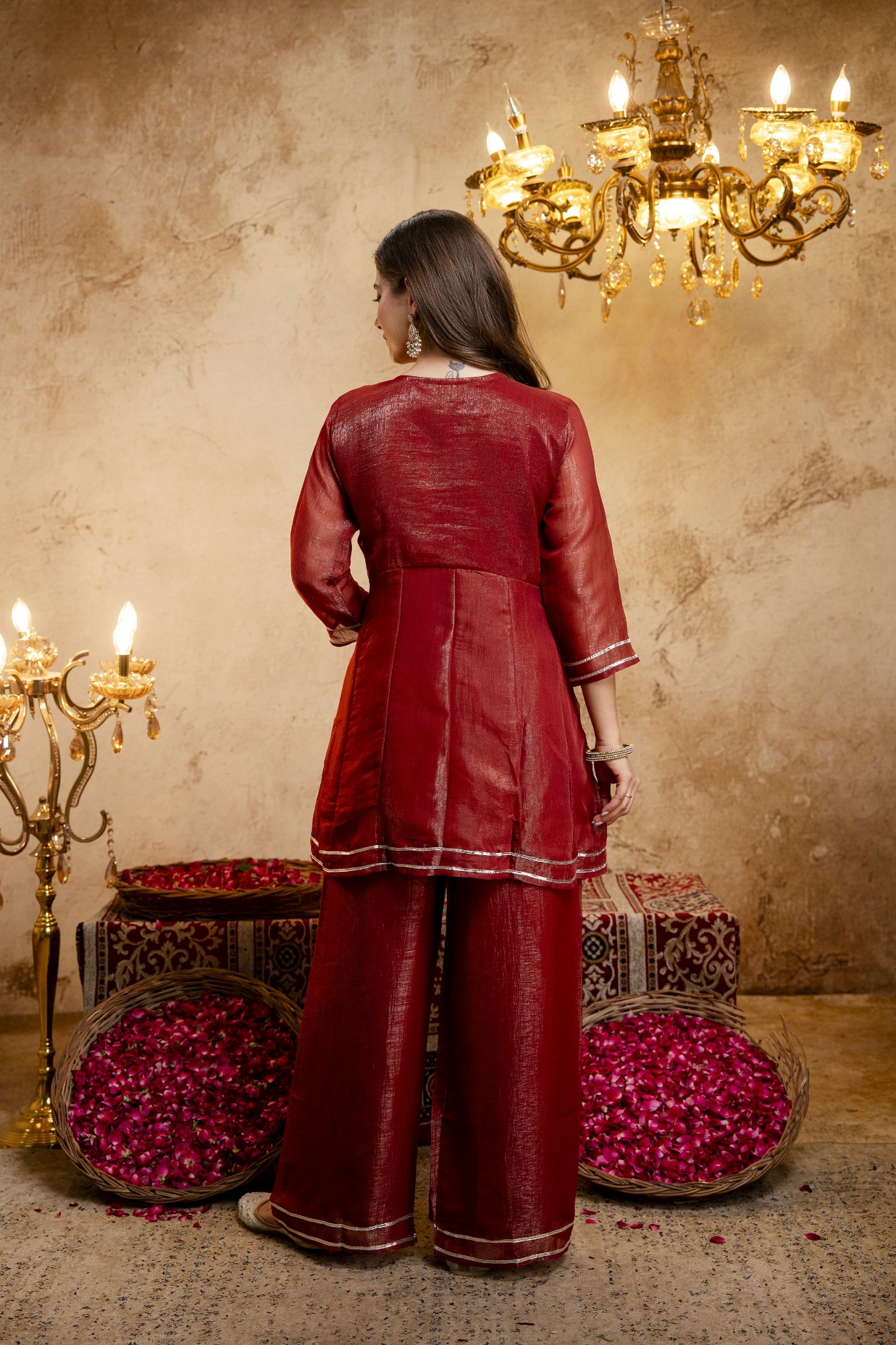 Rust Floral Designer Embroidery Crunchy Palazzo Suit — alternate view