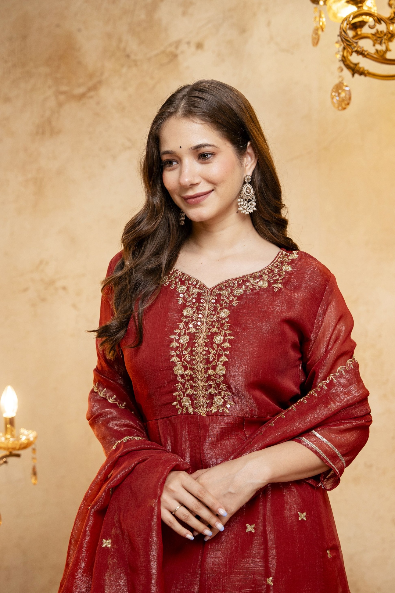 Rust Floral Designer Embroidery Crunchy Palazzo Suit
