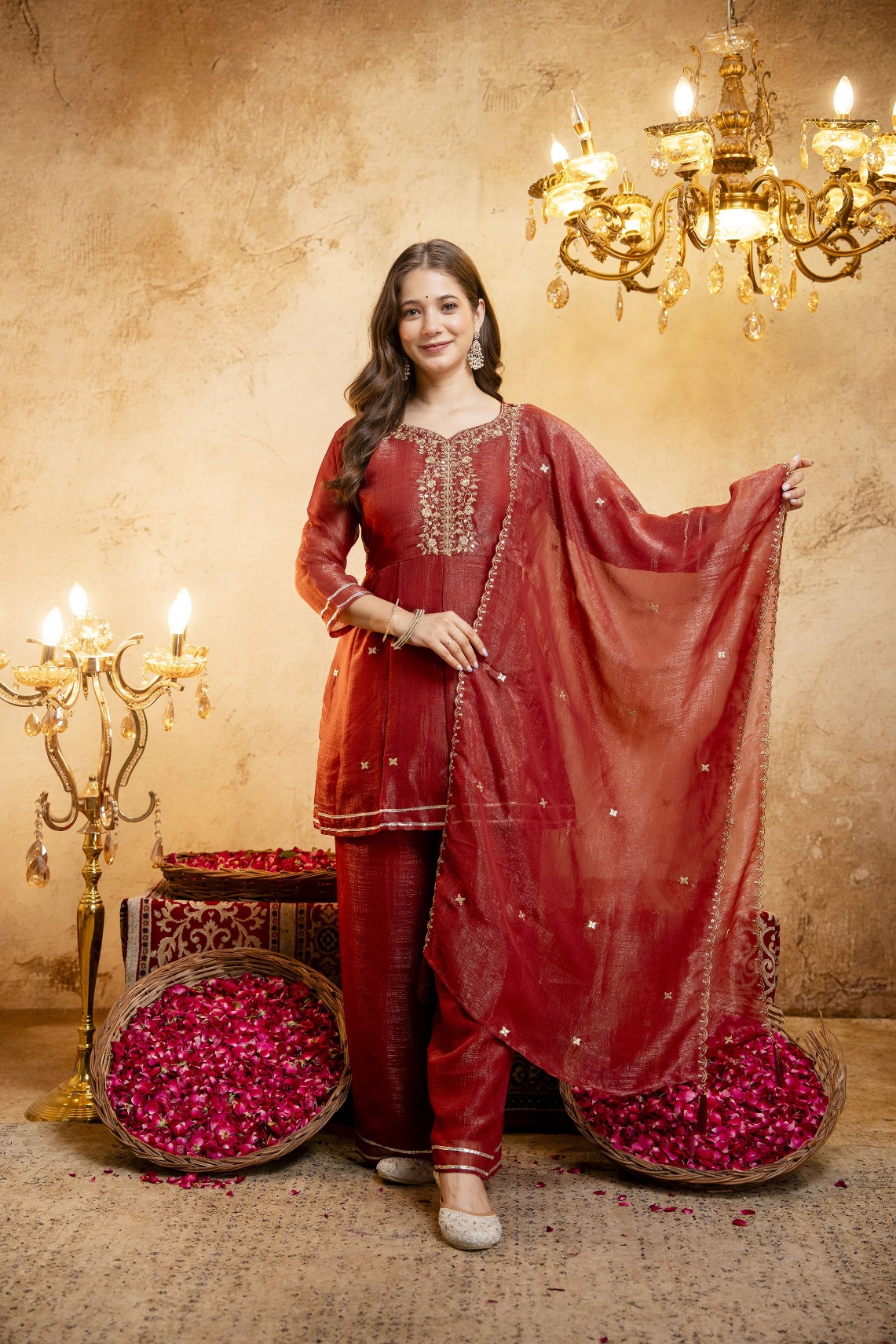 Rust Floral Designer Embroidery Crunchy Palazzo Suit
