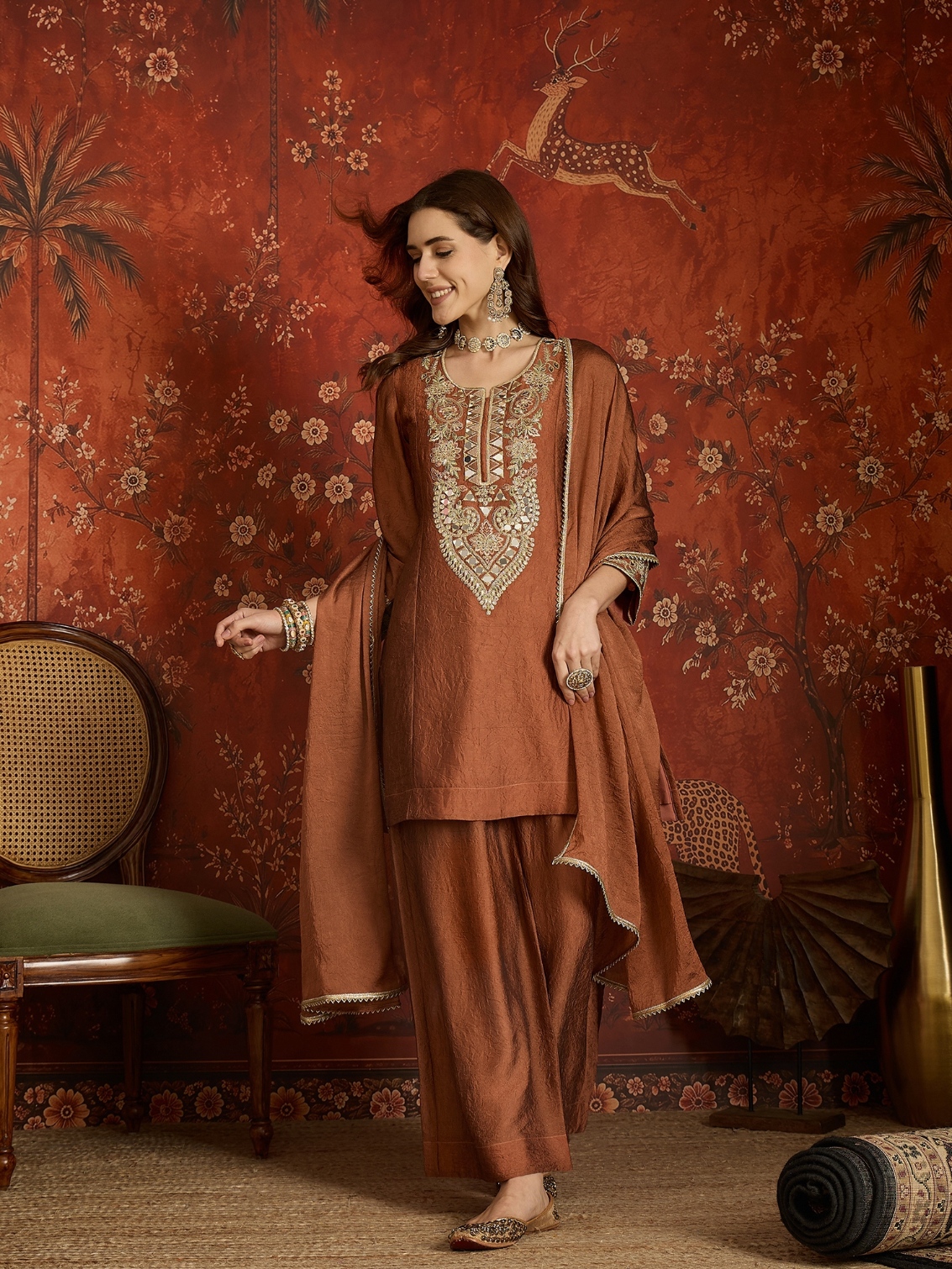 Rust Floral Designer Embroidery Silk Refined Palazzo Suit