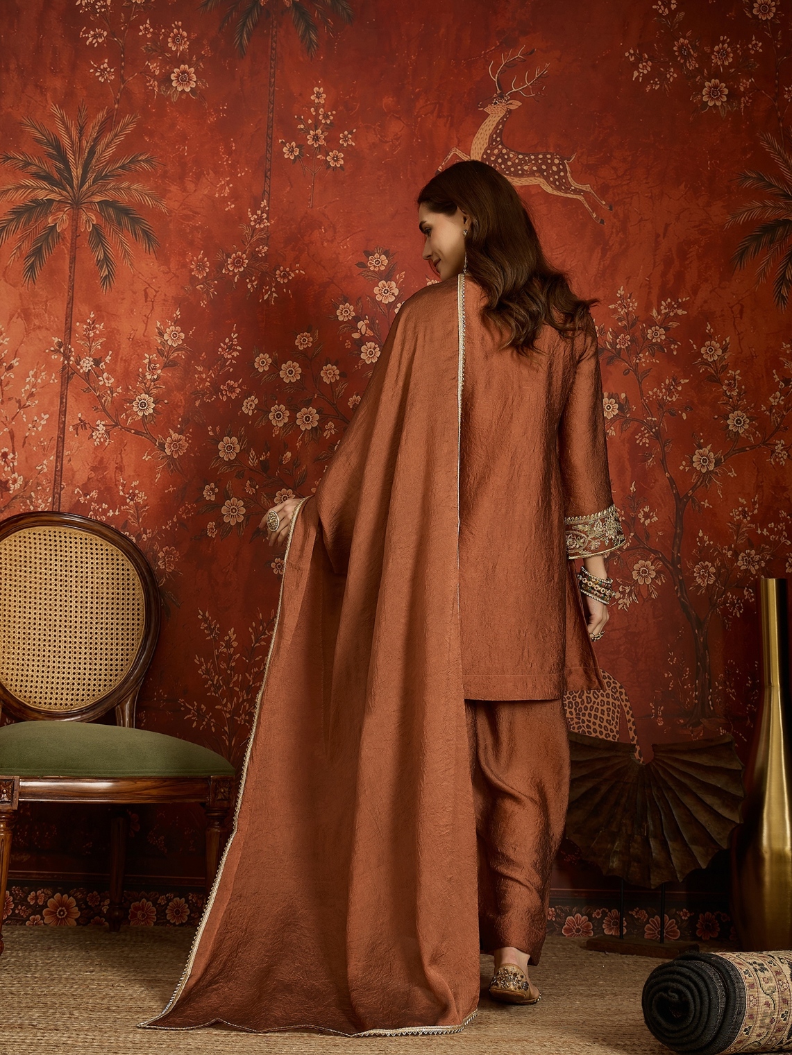 Rust Floral Designer Embroidery Silk Refined Palazzo Suit — alternate view