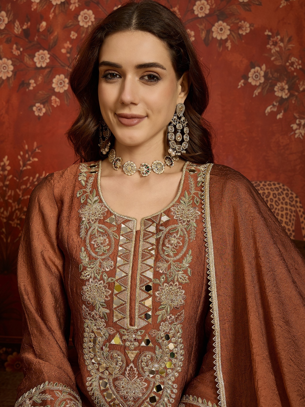 Rust Floral Designer Embroidery Silk Refined Palazzo Suit