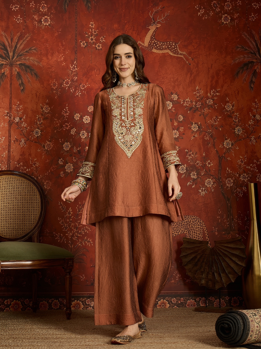 Rust Floral Designer Embroidery Silk Refined Palazzo Suit
