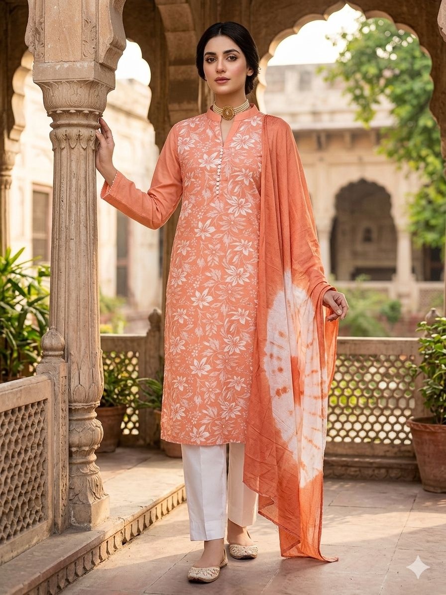 Rust Floral Digital Print Cotton Straight Salwar Suit