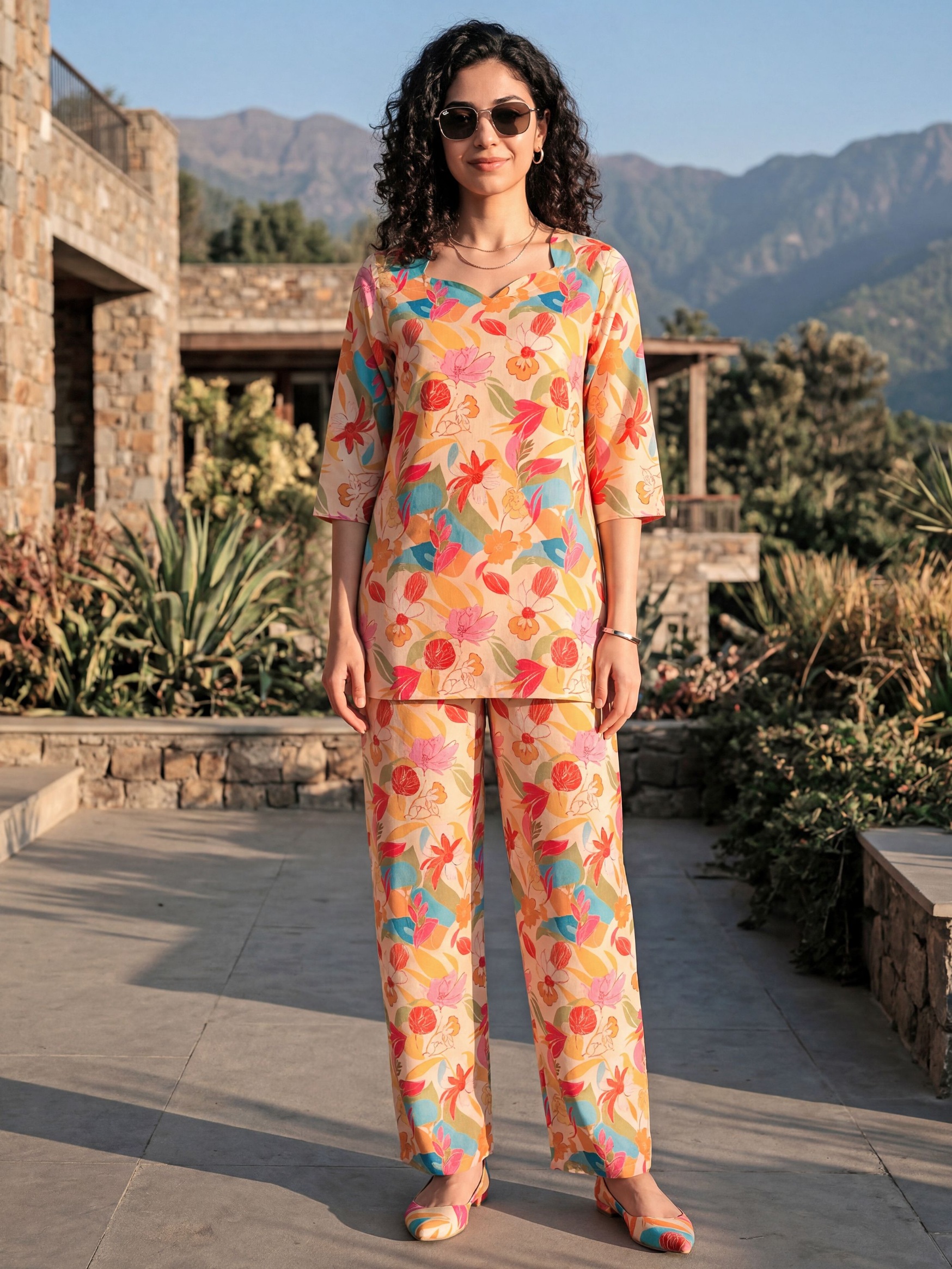 Rust Floral Digital Print Rayon Blend Co-Ord Set