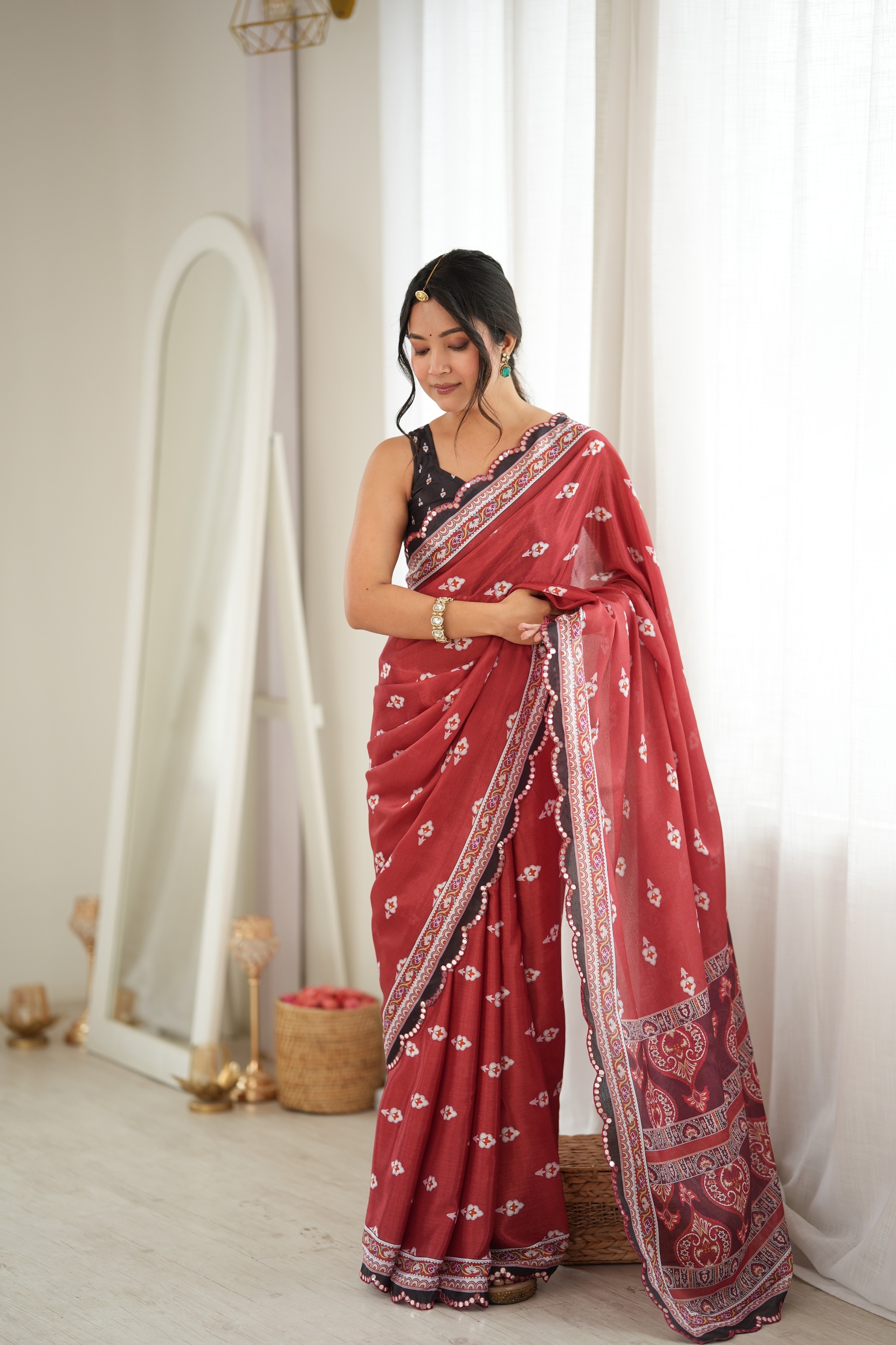 Rust Floral Digital Printed Chinon Saree