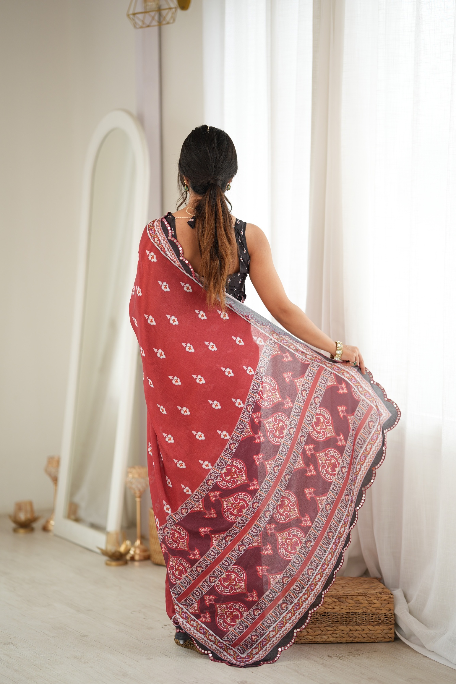 Rust Floral Digital Printed Chinon Saree — alternate view