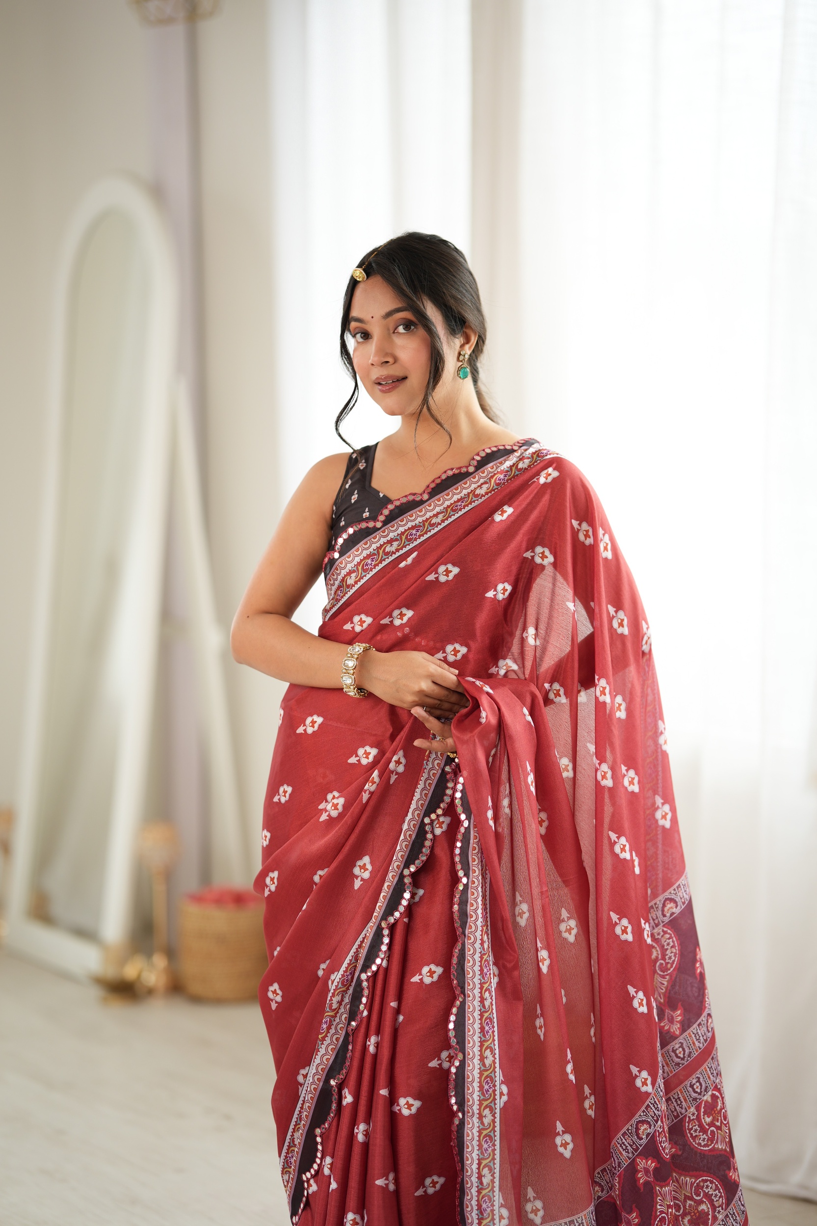 Rust Floral Digital Printed Chinon Saree