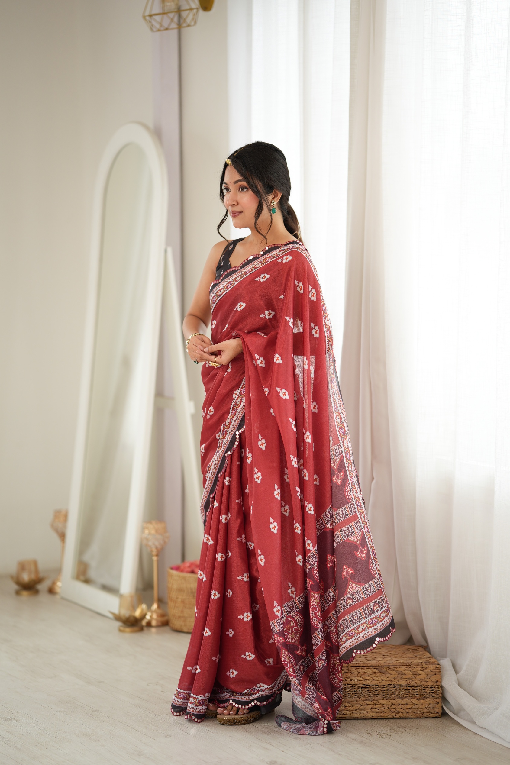 Rust Floral Digital Printed Chinon Saree
