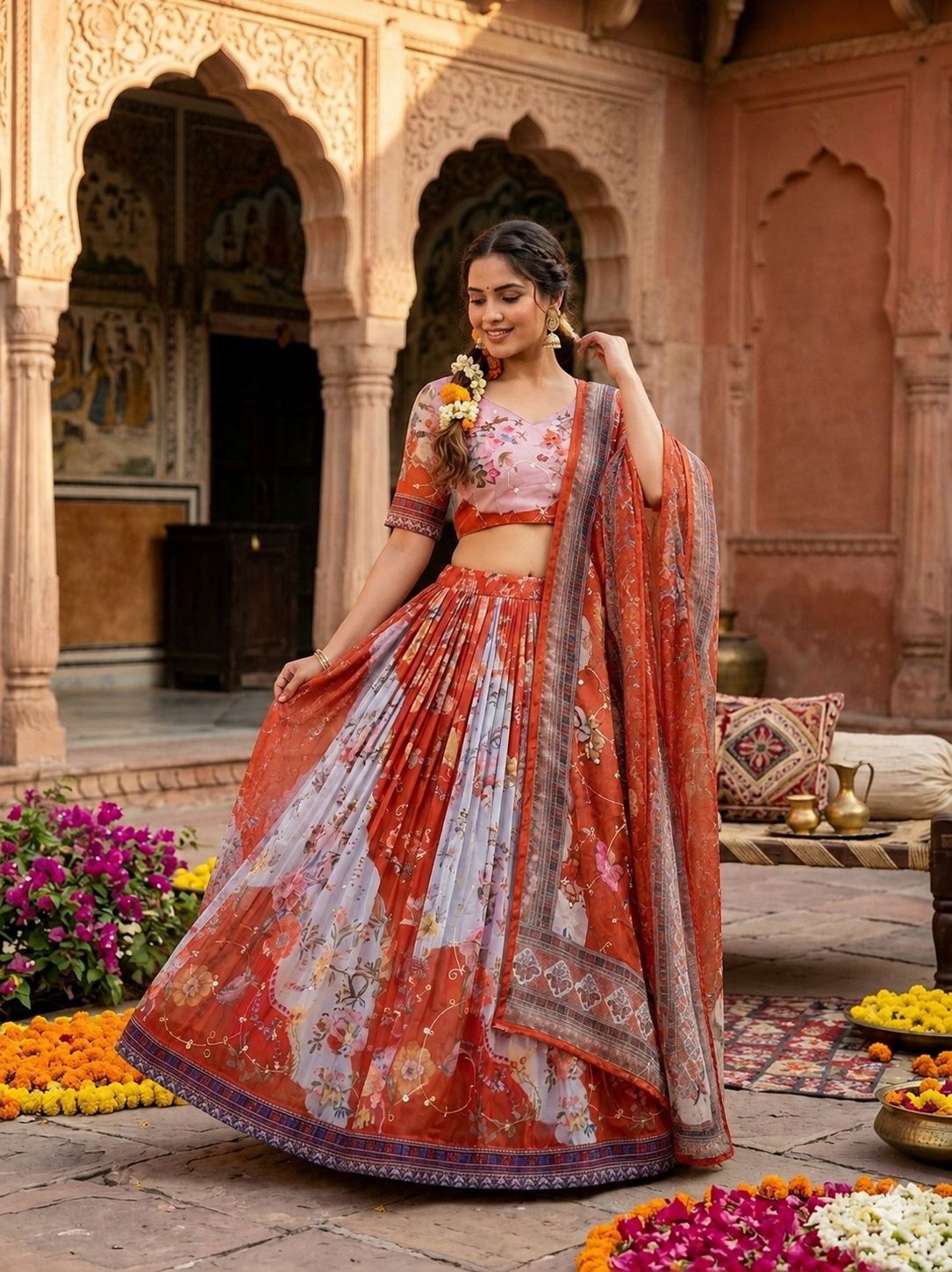 Rust Floral Digital Tabby Silk Heritage Lehenga Choli