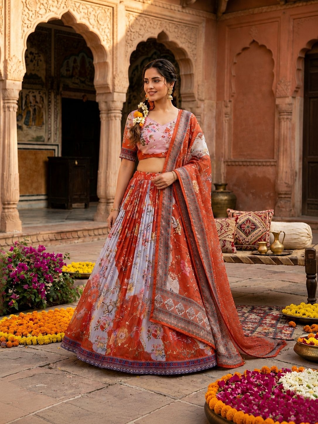 Rust Floral Digital Tabby Silk Heritage Lehenga Choli — alternate view
