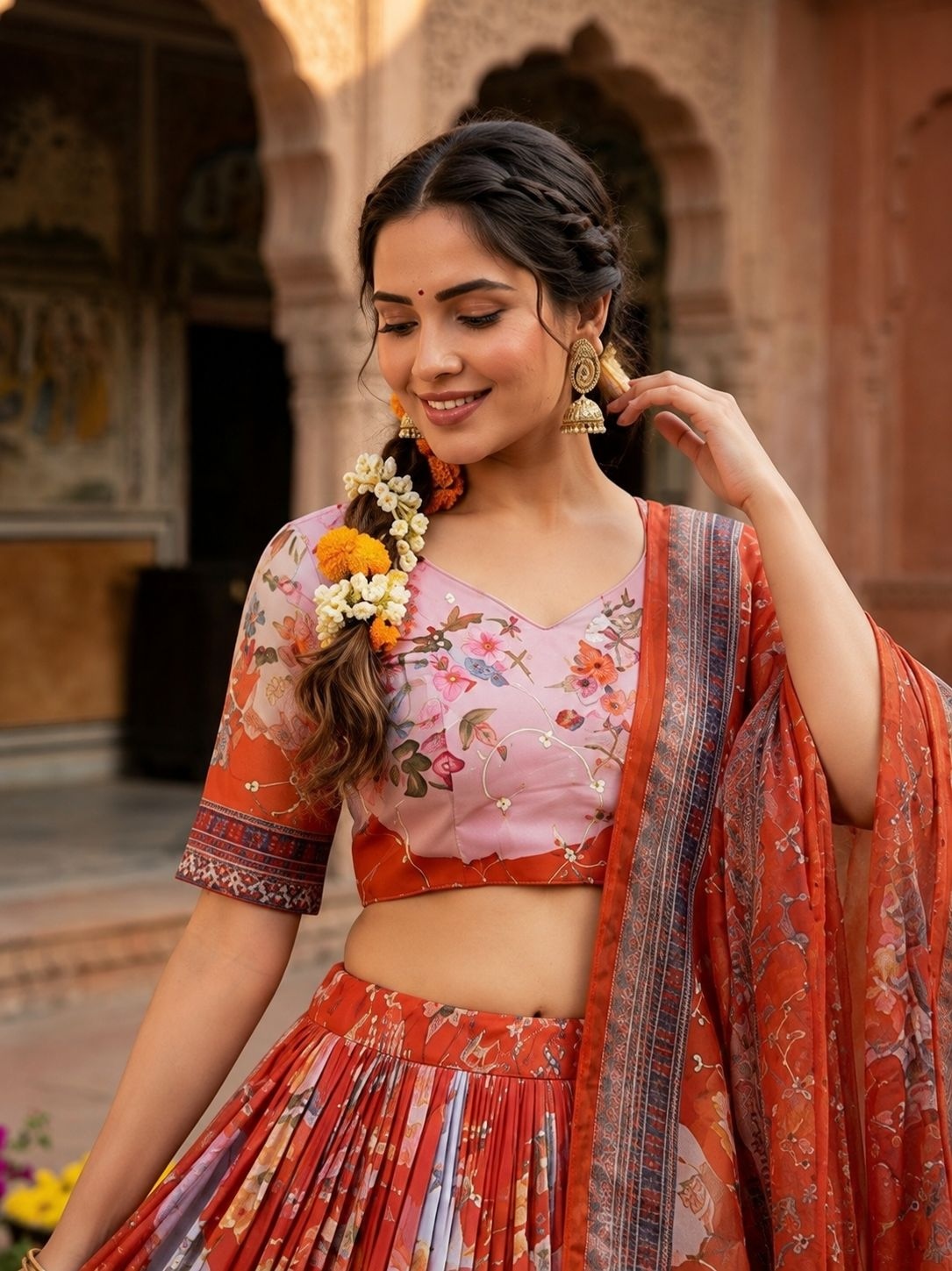 Rust Floral Digital Tabby Silk Heritage Lehenga Choli