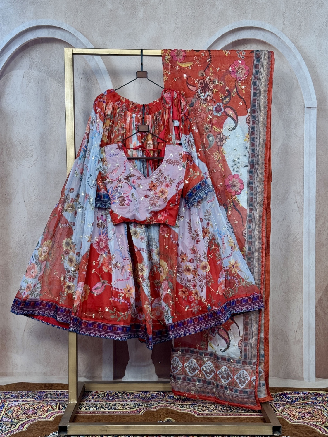 Rust Floral Digital Tabby Silk Heritage Lehenga Choli