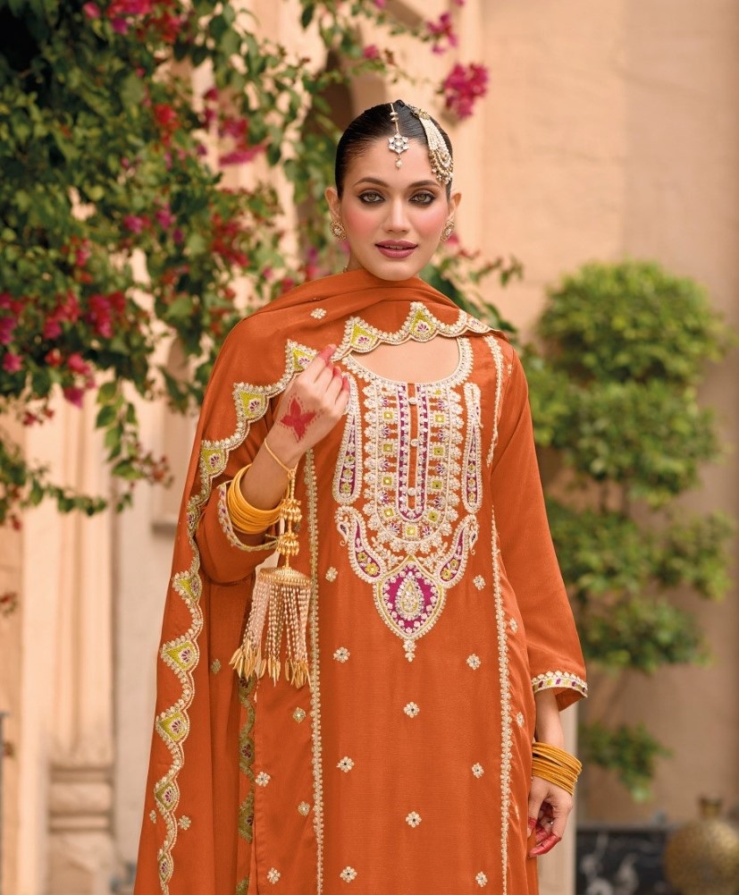 Rust Floral Embroidered Chinon Palazzo Suit — alternate view