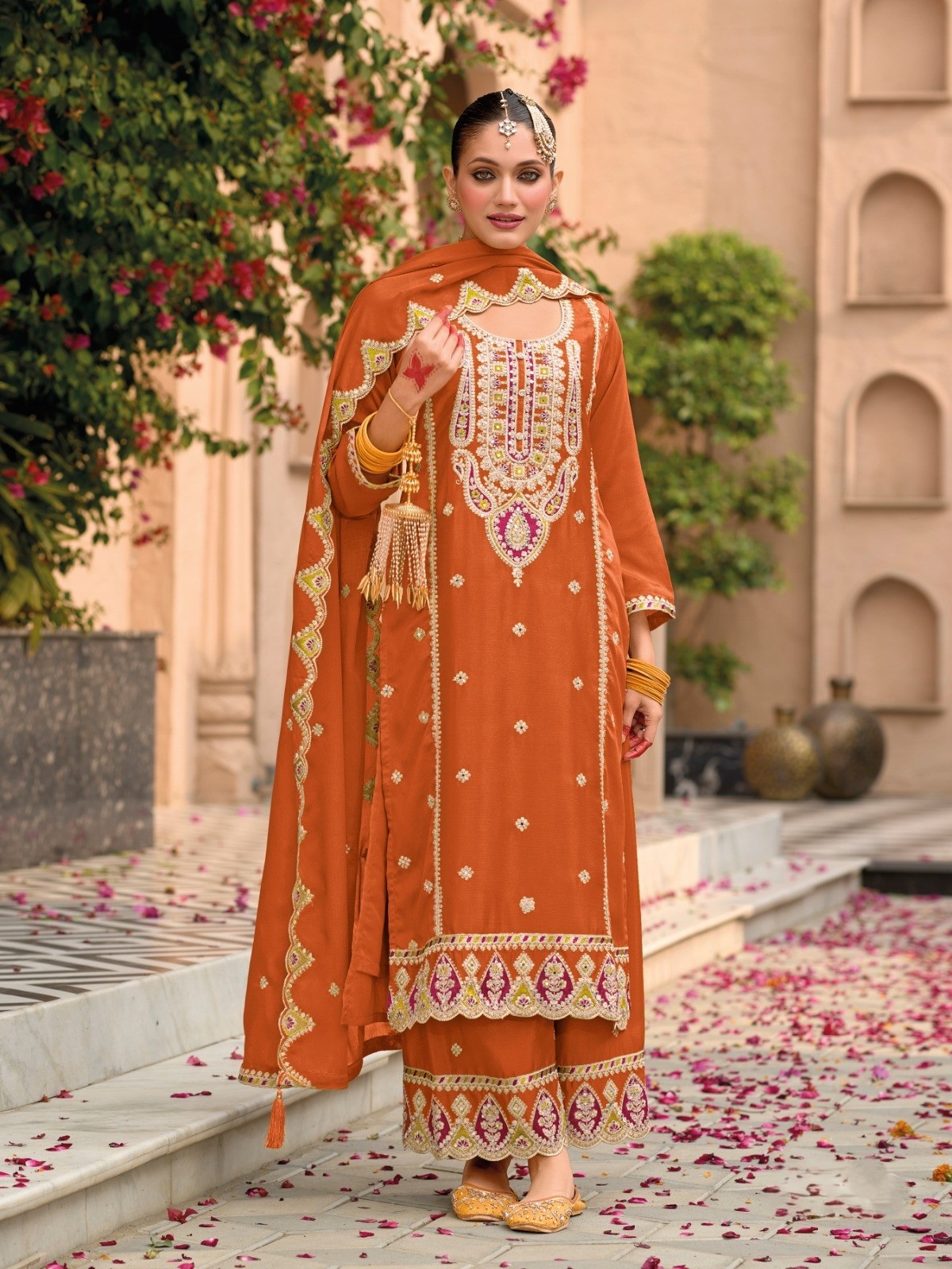 Rust Floral Embroidered Chinon Palazzo Suit
