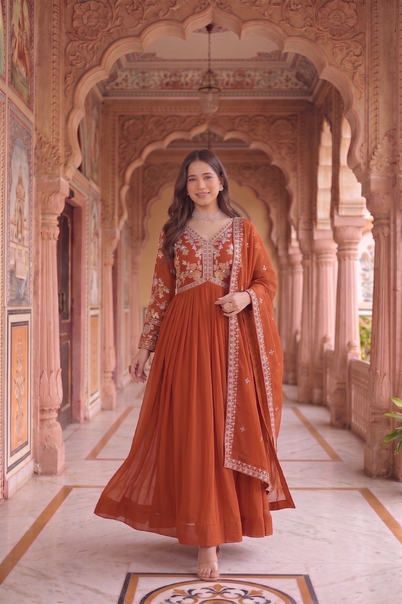 Rust Floral Embroidered Georgette Anarkali Suit