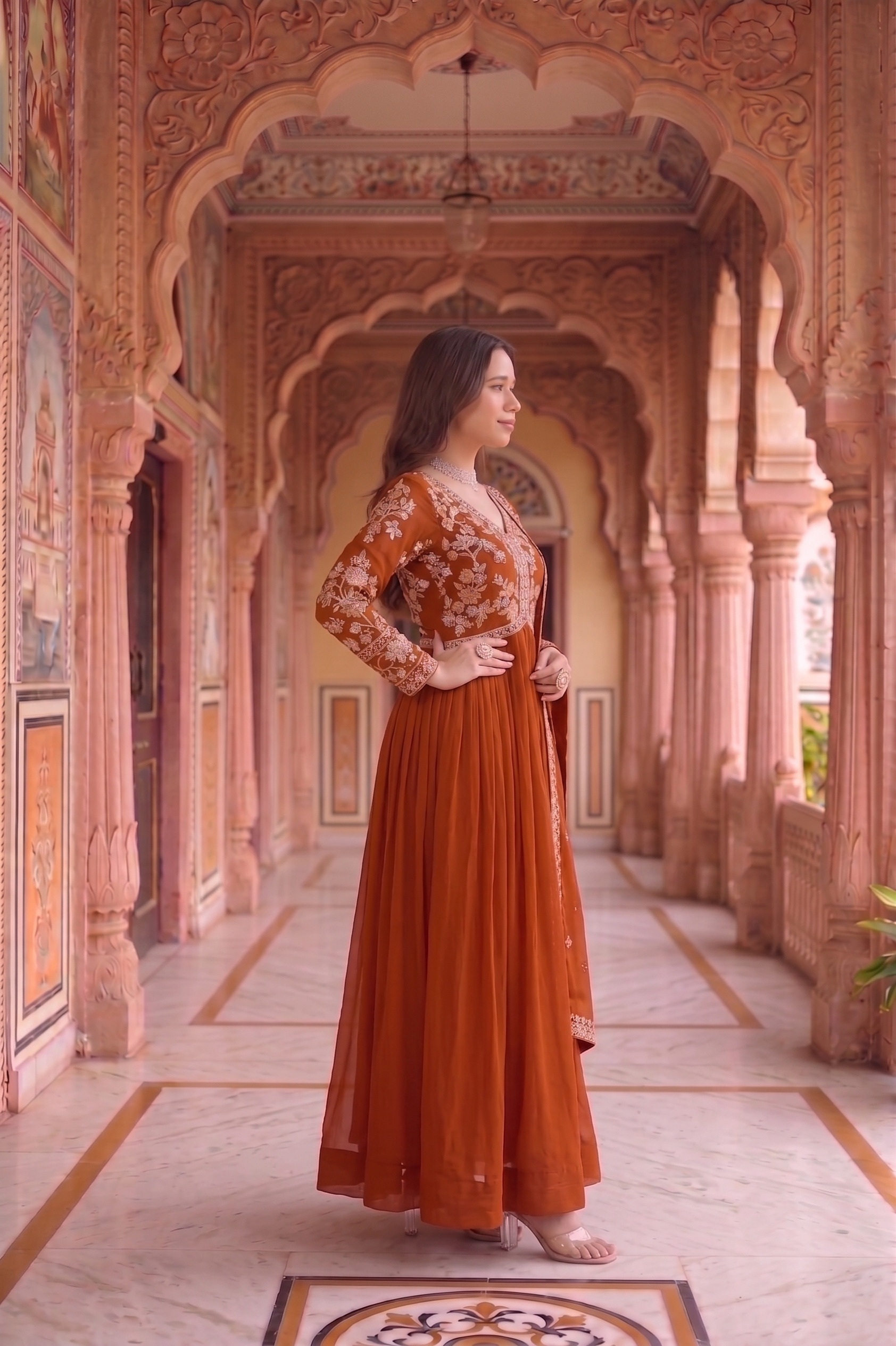 Rust Floral Embroidered Georgette Anarkali Suit
