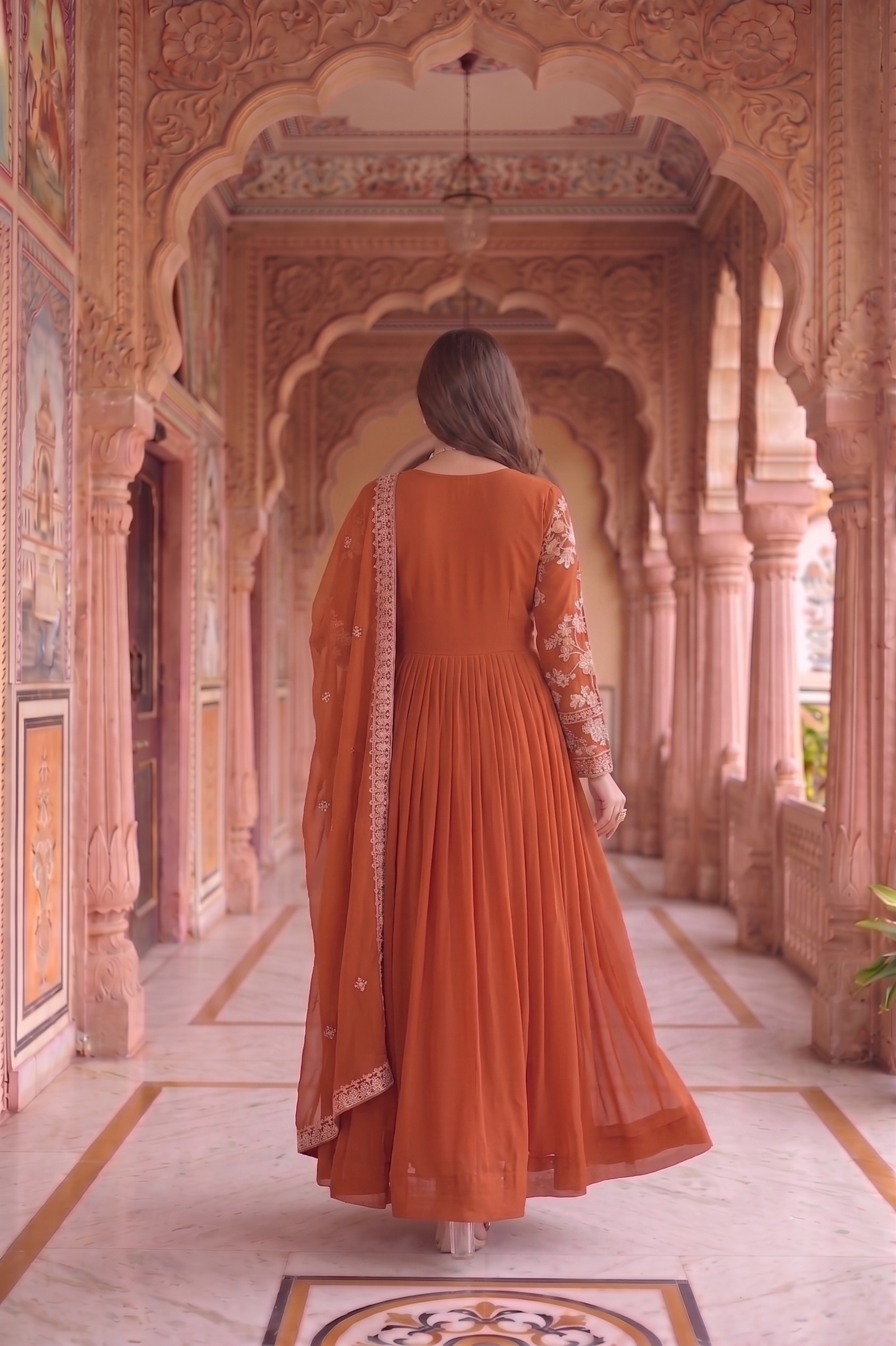 Rust Floral Embroidered Georgette Anarkali Suit