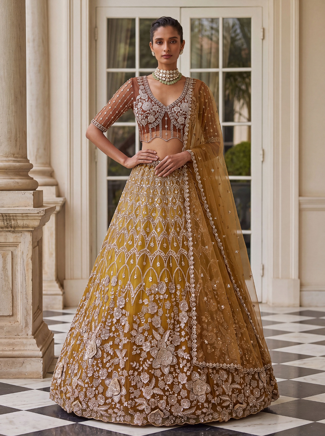 Rust Floral Embroidered Net Lehenga Choli