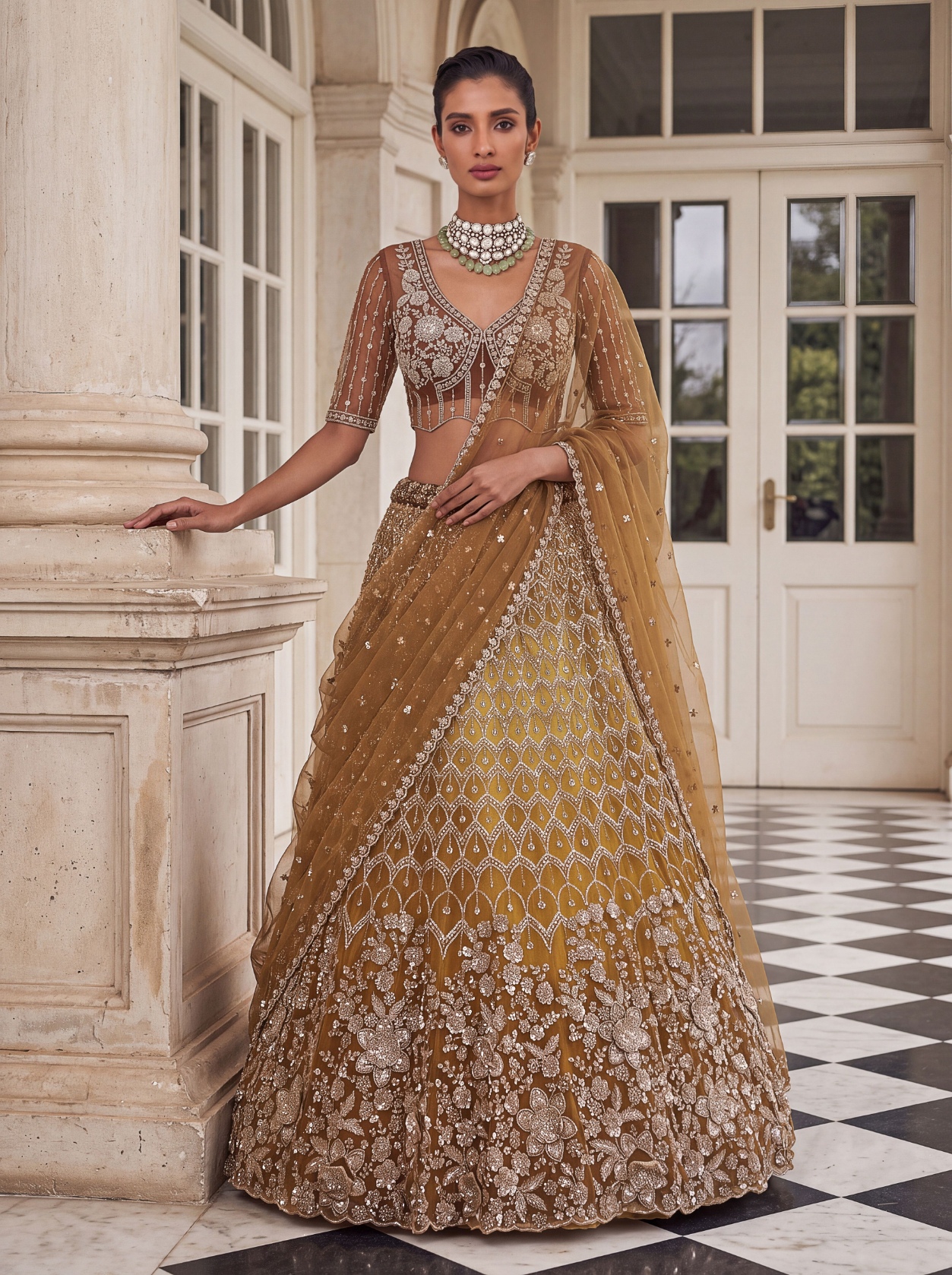 Rust Floral Embroidered Net Lehenga Choli