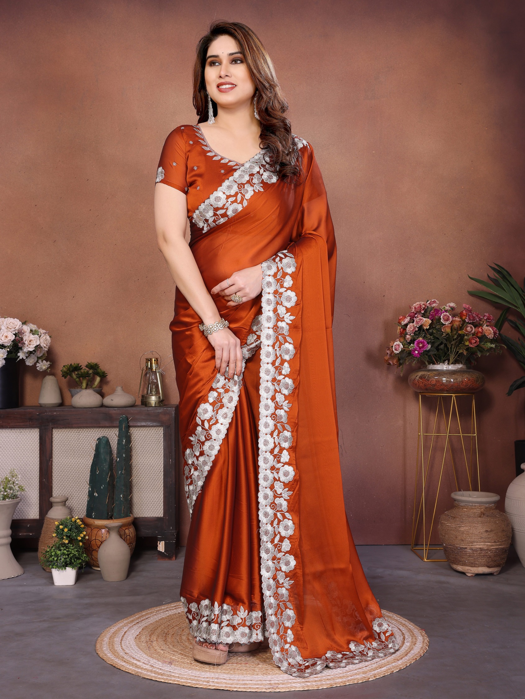 Rust Floral Embroidered Rangoli Silk Designer Saree