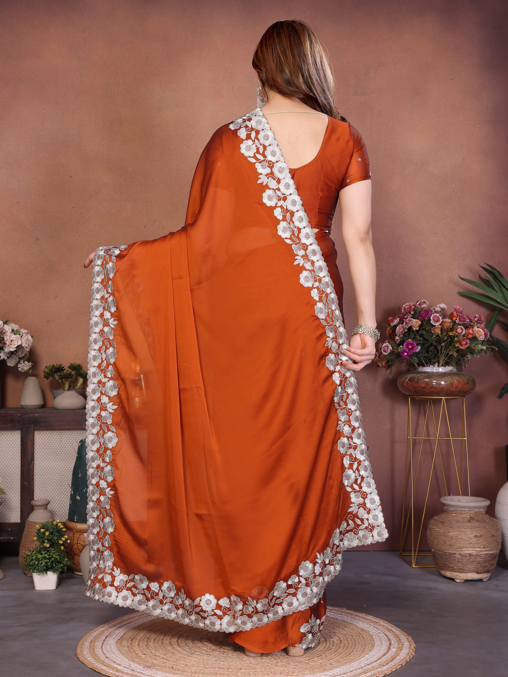 Rust Floral Embroidered Rangoli Silk Designer Saree — alternate view