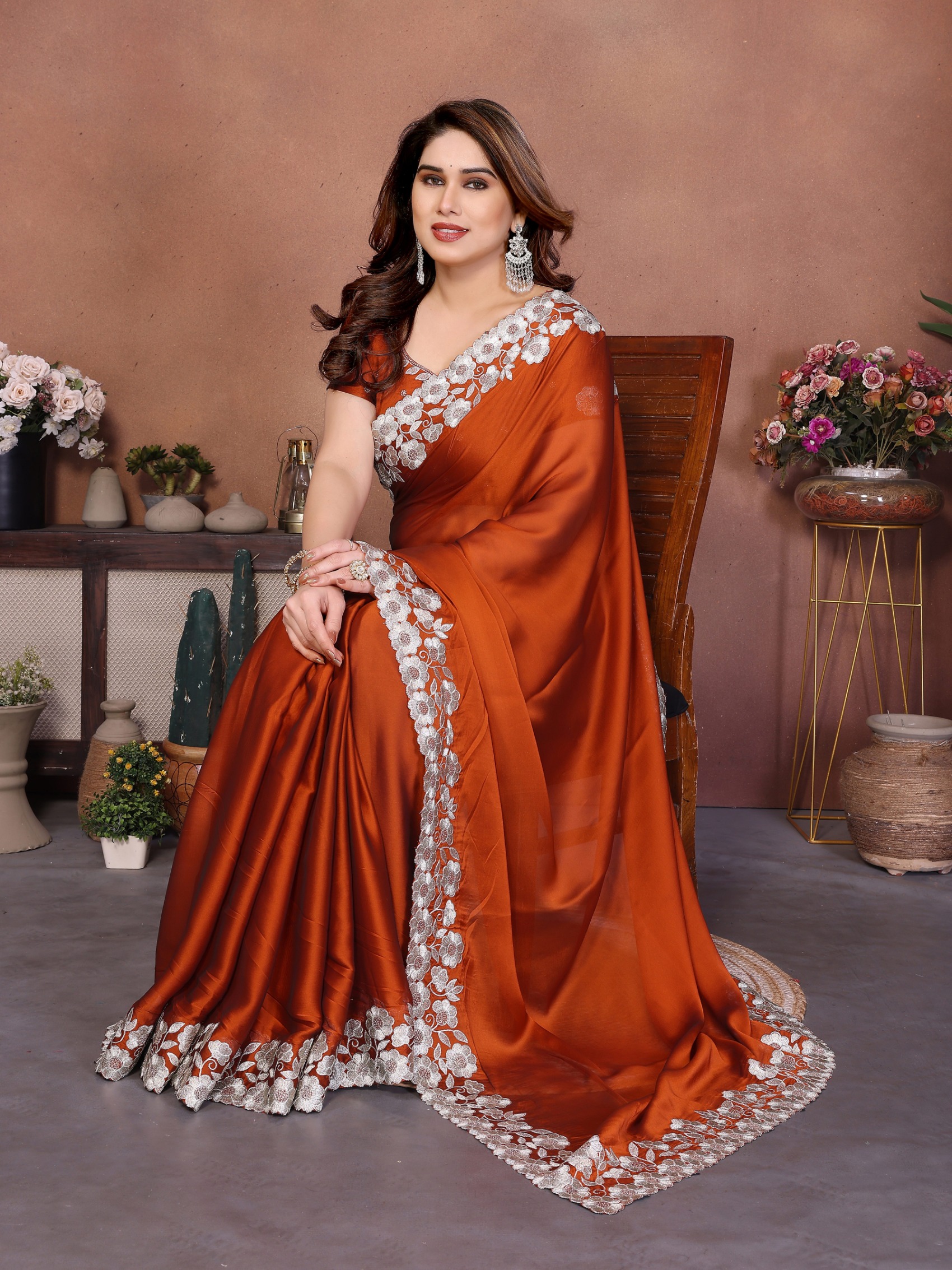 Rust Floral Embroidered Rangoli Silk Designer Saree