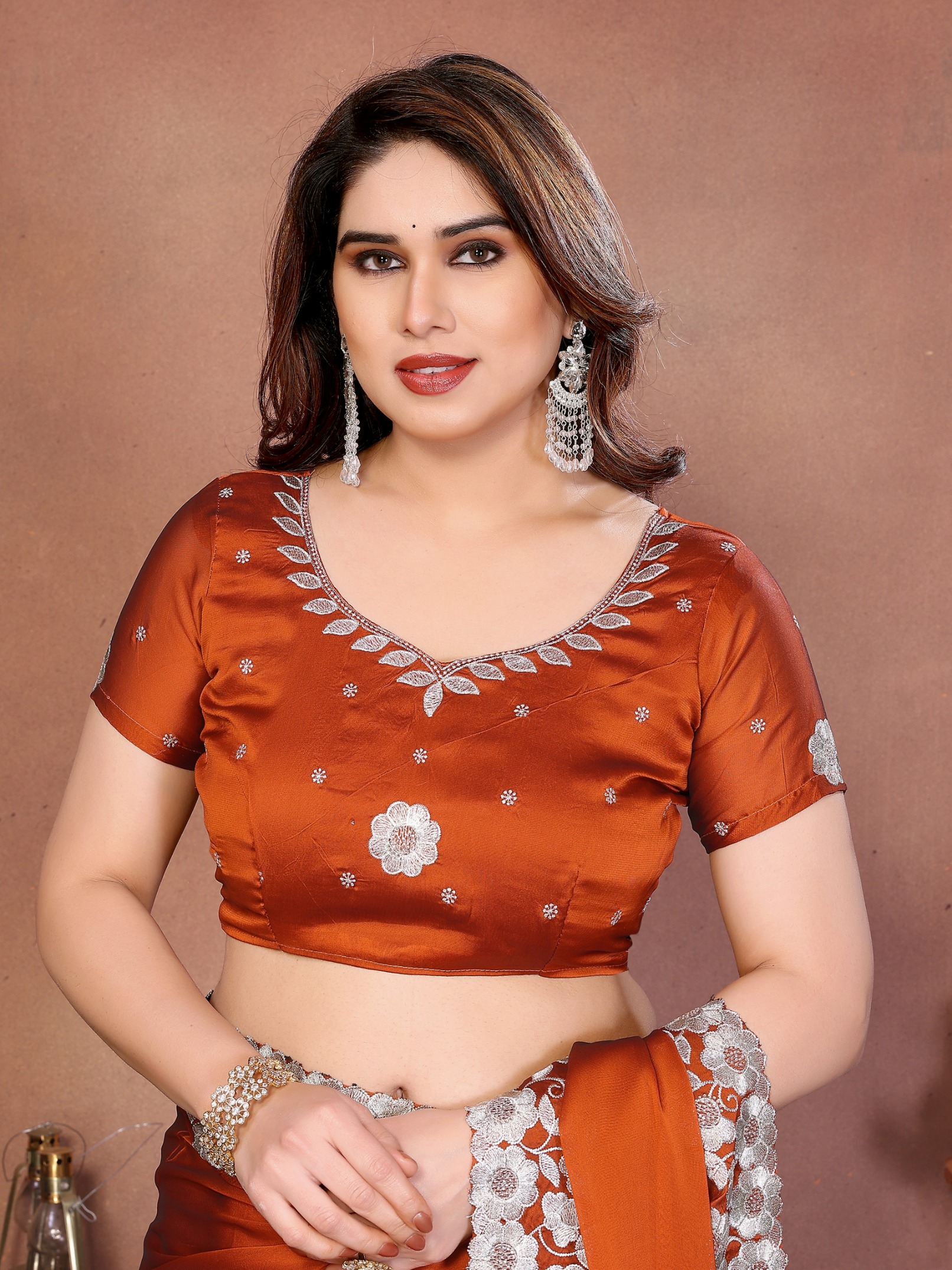 Rust Floral Embroidered Rangoli Silk Designer Saree
